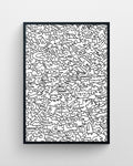 Big Balagan abstract black and white digital artwork featuring densely layered doodles, symbols, and intricate linework in a black frame.