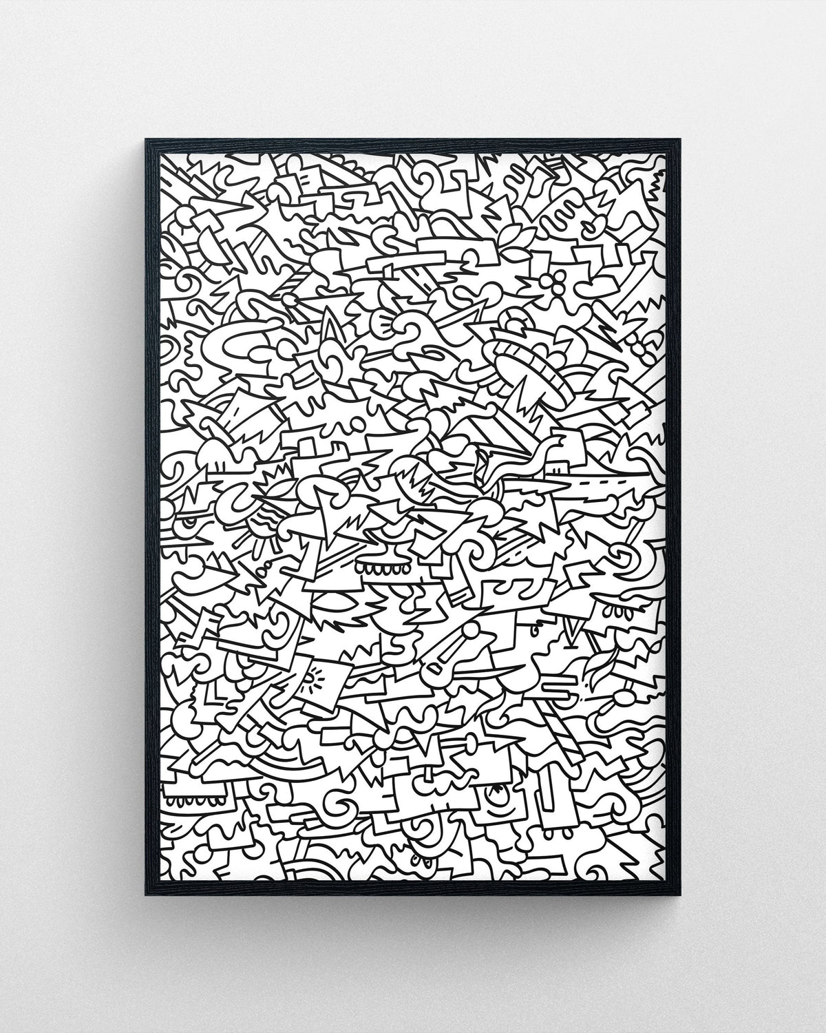 Big Balagan abstract black and white digital artwork featuring densely layered doodles, symbols, and intricate linework in a black frame.