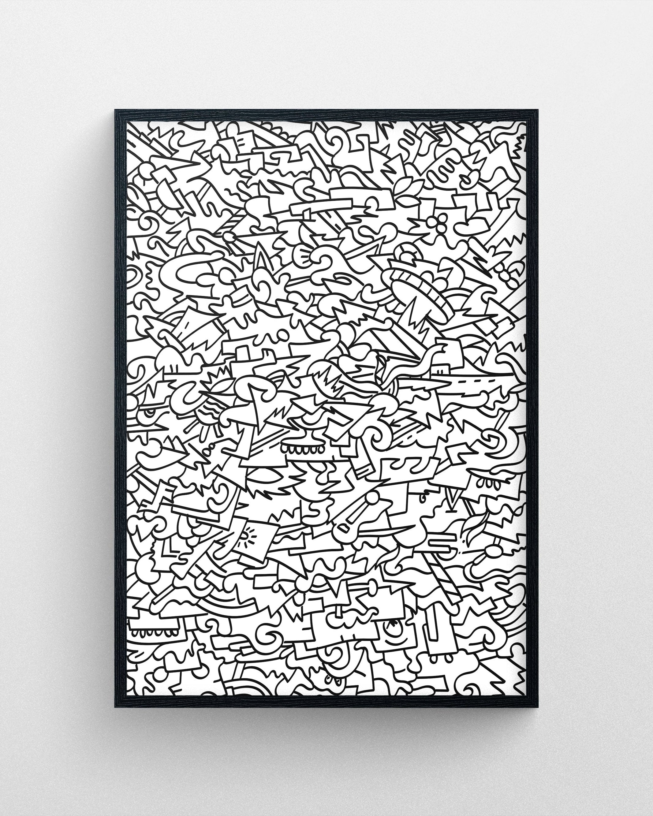 Big Balagan abstract black and white digital artwork featuring densely layered doodles, symbols, and intricate linework in a black frame.