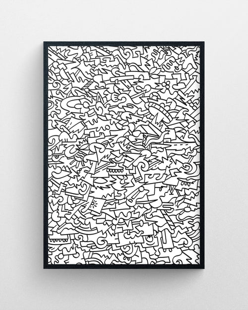 Big Balagan abstract black and white digital artwork featuring densely layered doodles, symbols, and intricate linework in a black frame.