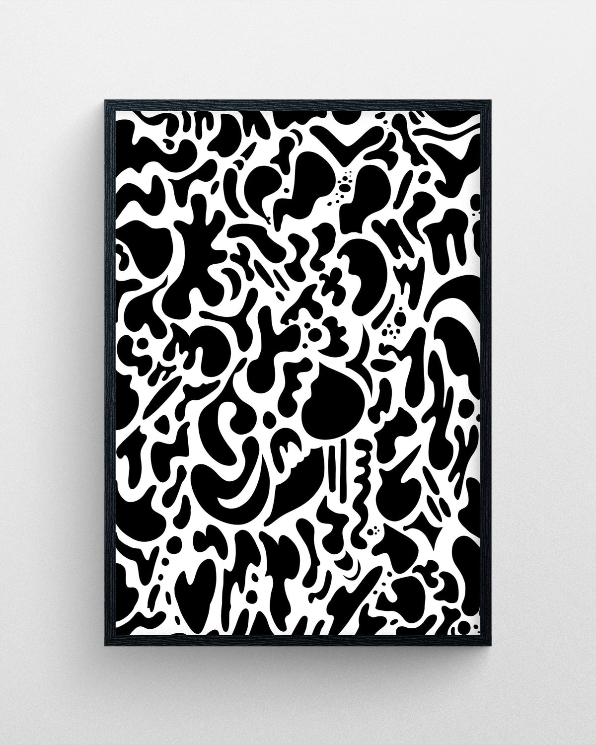 Happy Day abstract black and white digital artwork featuring organic flowing shapes and bold contrast in a black frame.