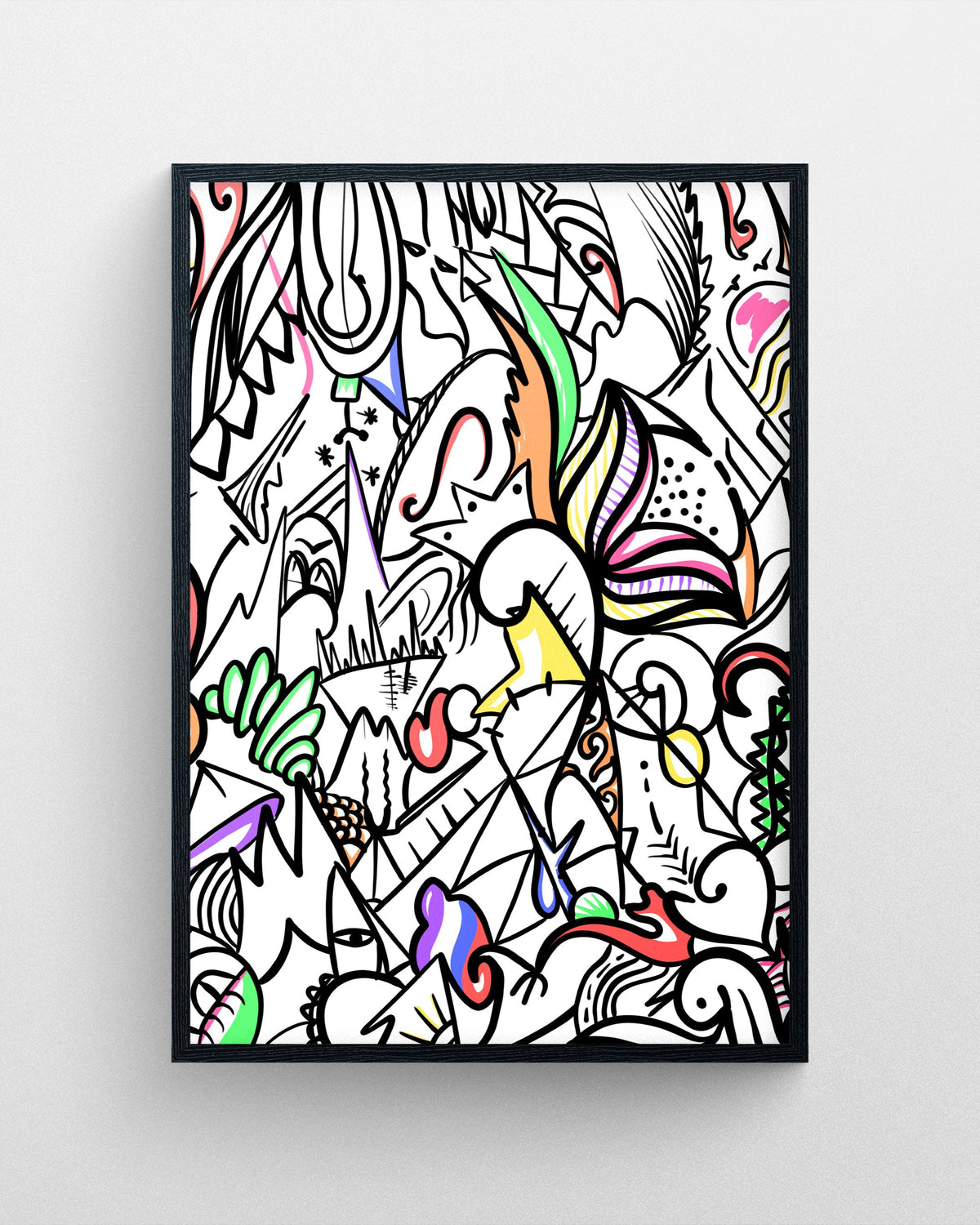 An abstract illustration featuring expressive black linework with colorful accents and layered organic shapes in a black frame.