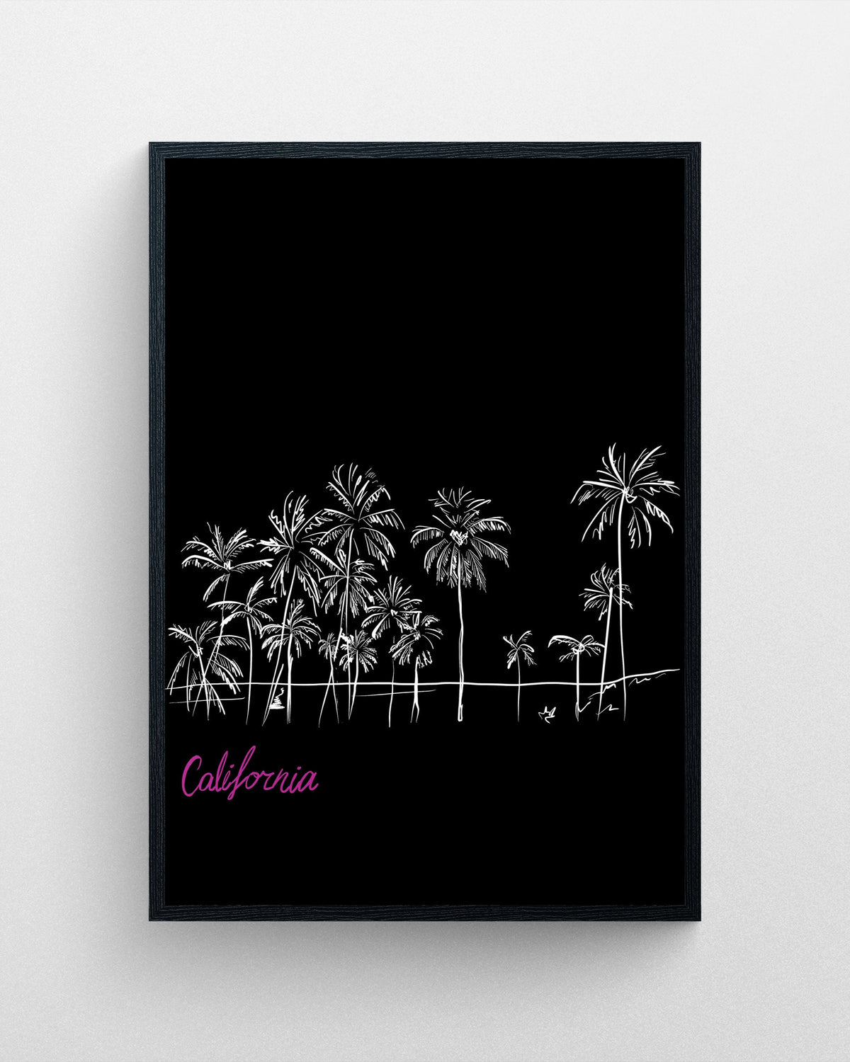 California minimalist palm tree illustration in white on a black background featuring a coastal landscape design in a black frame.