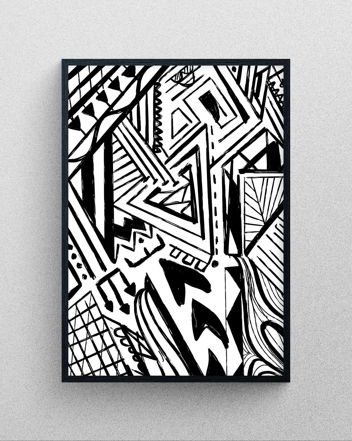Queen's Guard abstract geometric line art in black and white featuring bold patterns, arrows, and intricate hand-drawn details in a black frame.