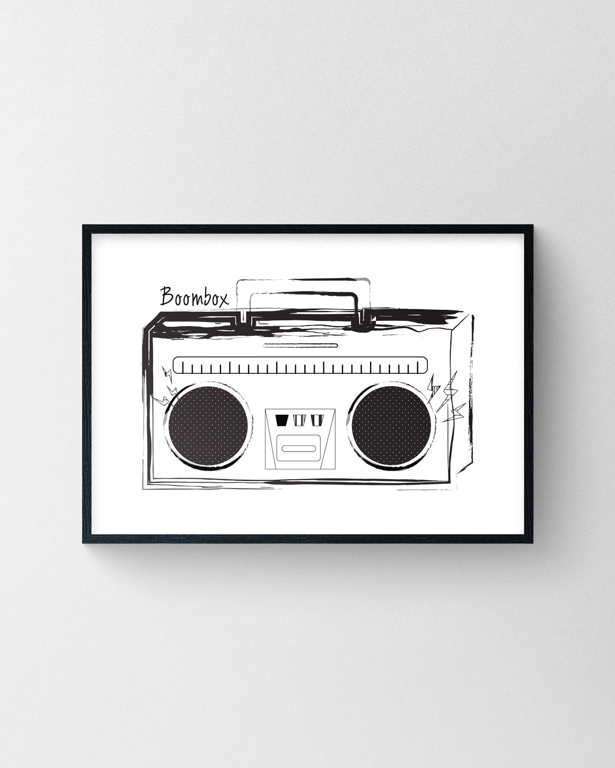 Vintage boombox illustration in black and white sketch style on a white background displayed in a black frame.