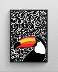 Coco tropical toucan illustration featuring a colorful beak against a black and white abstract pattern background in a black frame.