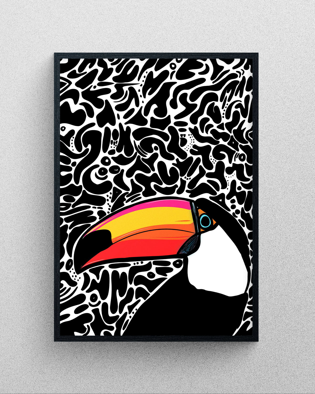 Coco tropical toucan illustration featuring a colorful beak against a black and white abstract pattern background in a black frame.
