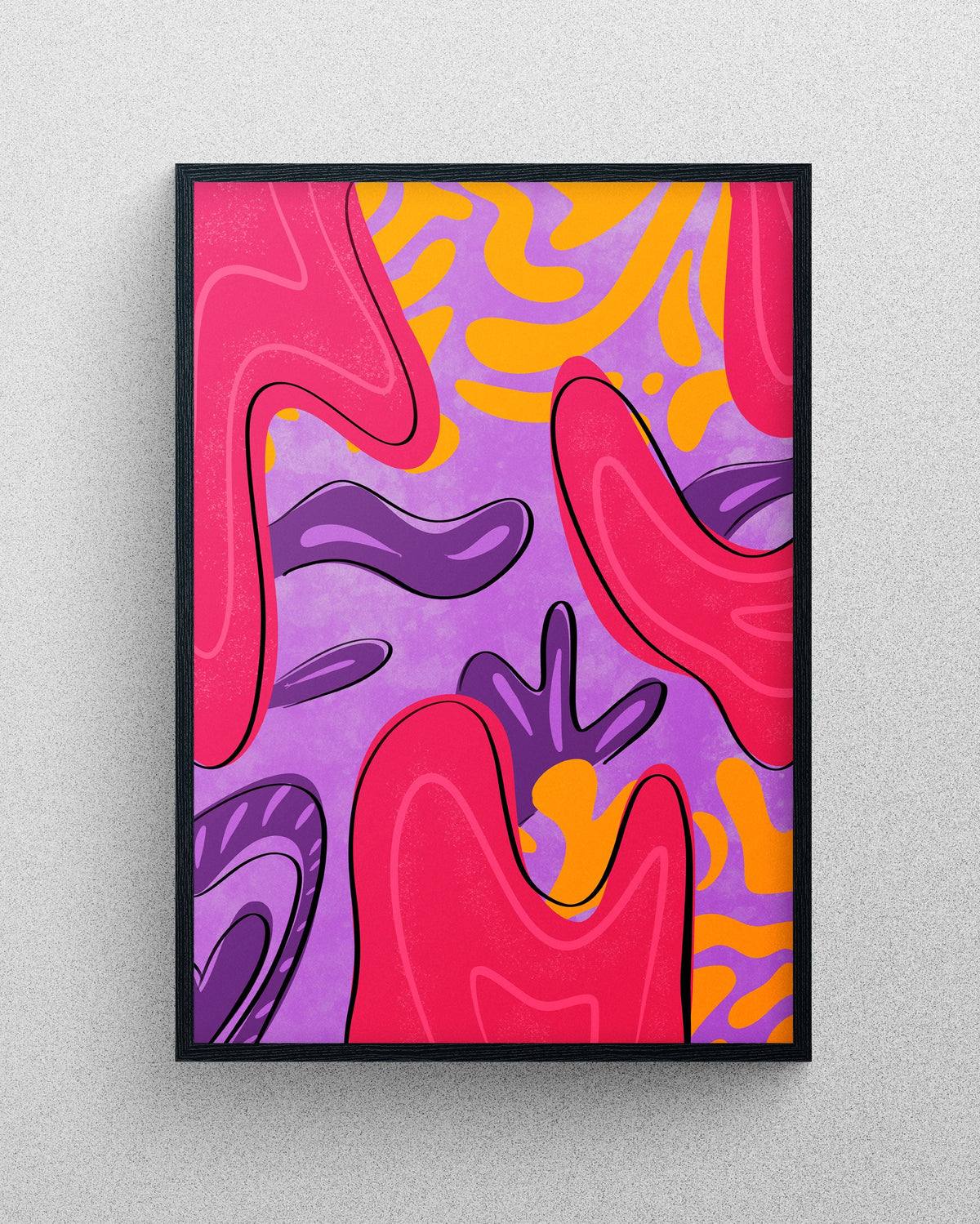 Under The Sea abstract digital artwork featuring flowing organic shapes in pink, purple, and orange tones in a black frame.