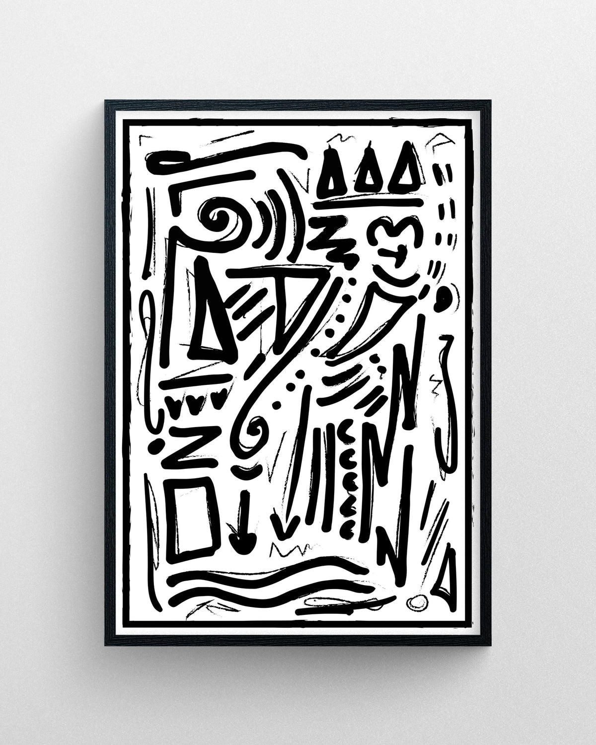 Zulu abstract black and white line art featuring geometric symbols, bold brushstrokes, and tribal-inspired motifs in a black frame.